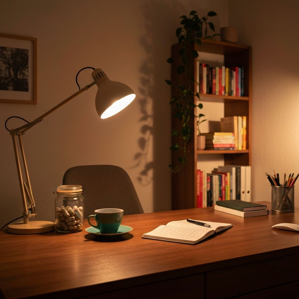 Abendlicher Heim-Arbeitsplatz mit Teetasse, Notizbuch, Supplement-Glas, warme Beleuchtung und Entspannungsraum