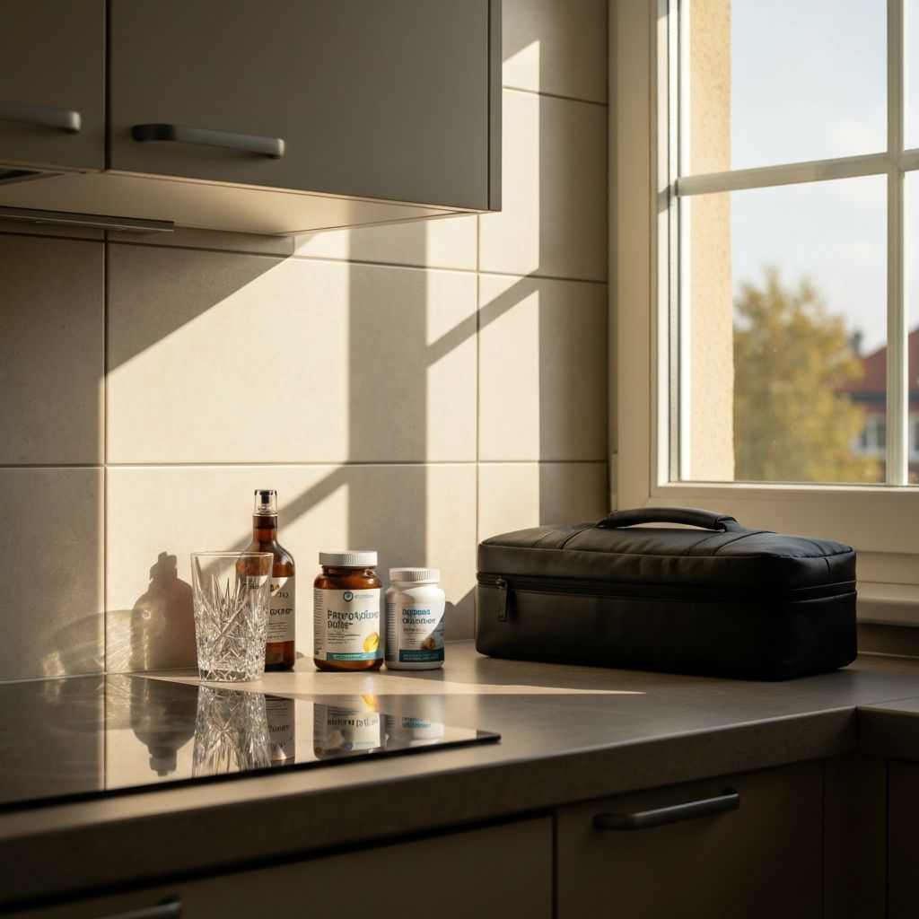 Küchentheke mit Wasser, Supplement-Gläsern und Laptoptasche am Morgen