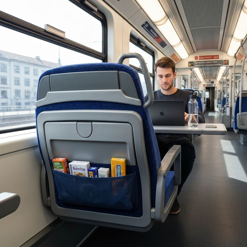 Deutsches S-Bahn-Sitze mit Supplement-Tasche, professioneller Büro-Arbeitsplatz während des Pendelns